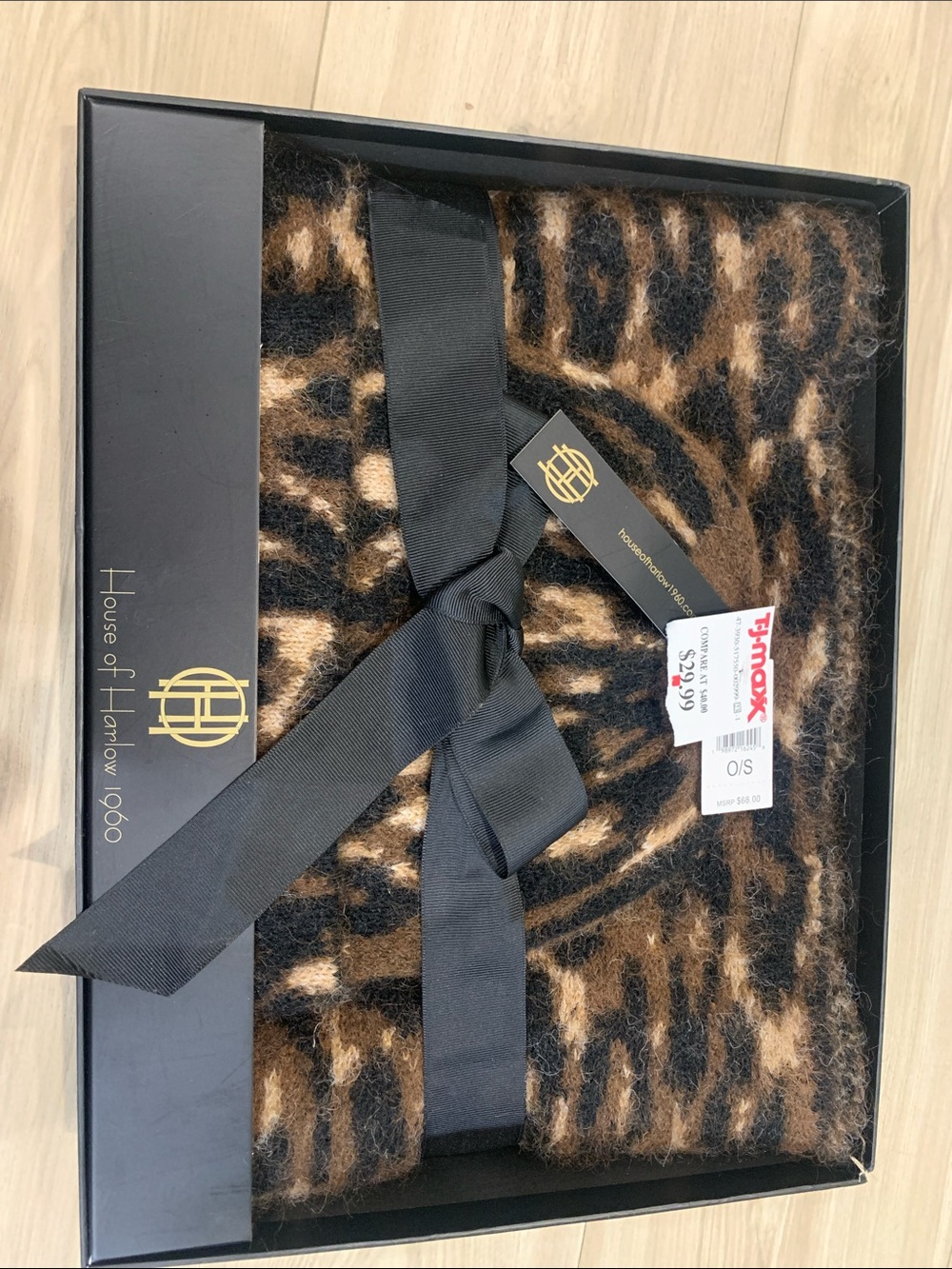 House of Harlow Leopard Print Fuzzy Scarf & Beanie - Brown & Black